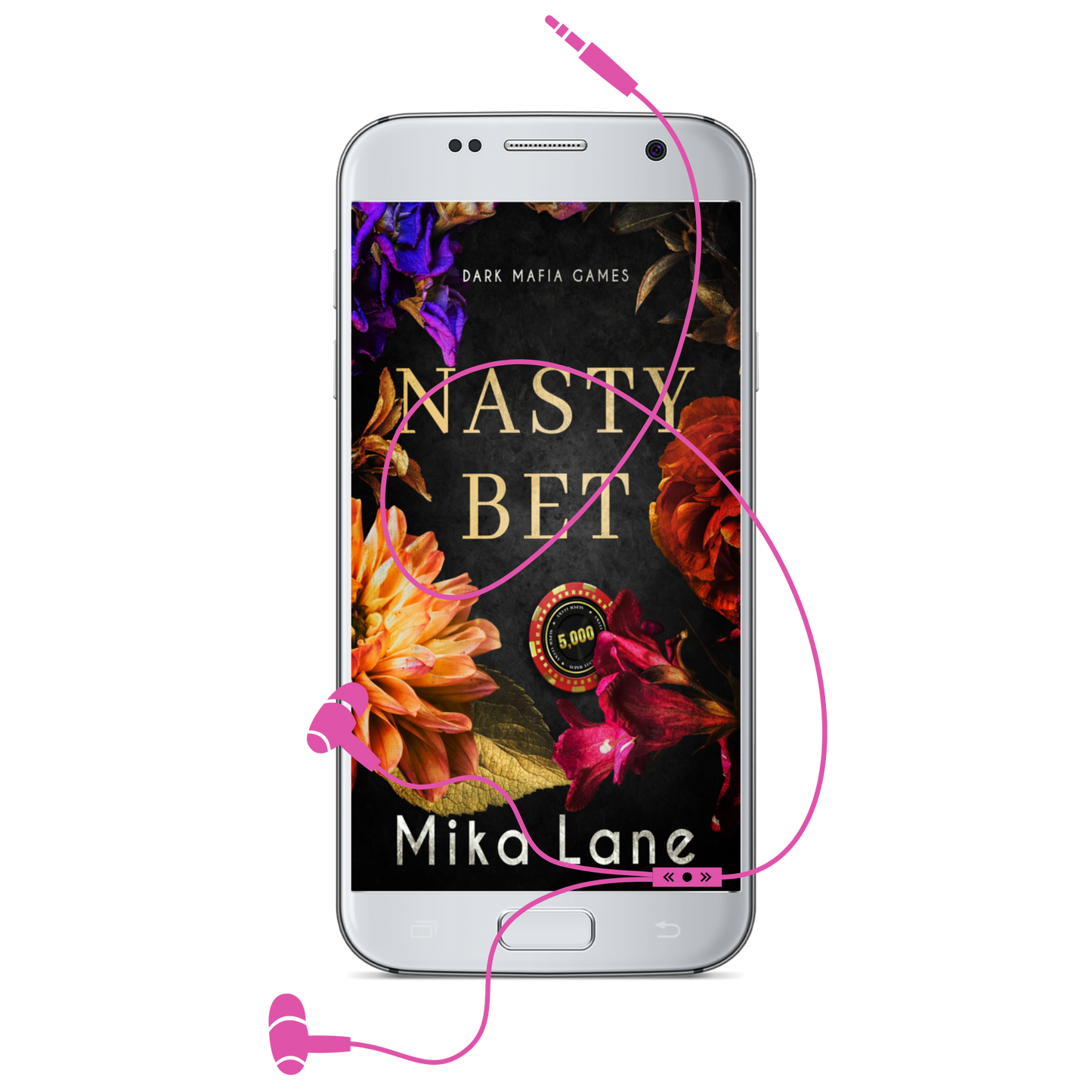 Phone displaying 'Nasty Bet' by Mika Lane with pink headphones on a white background