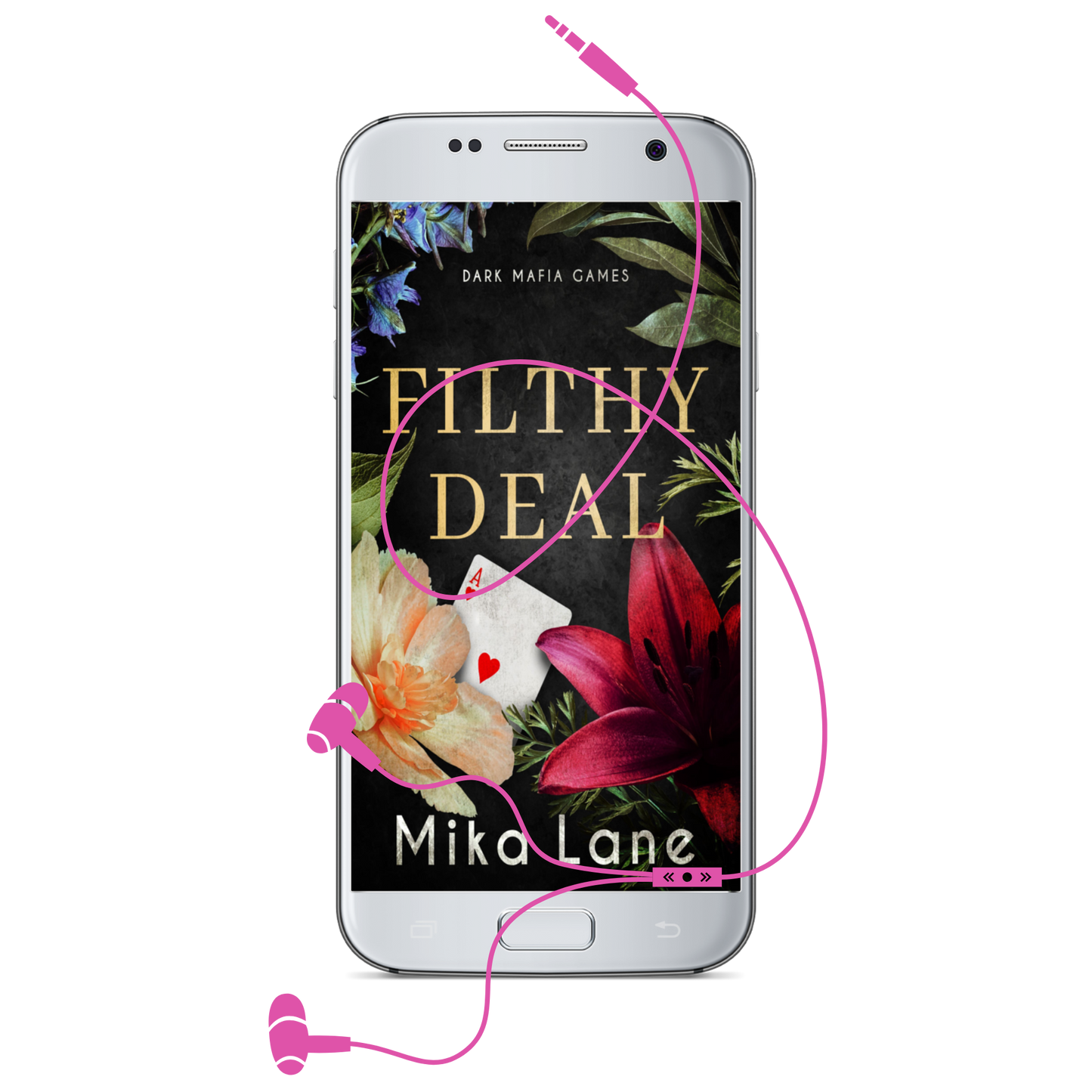 Phone displaying 'Filthy Deal' by Mika Lane with pink headphones on a white background