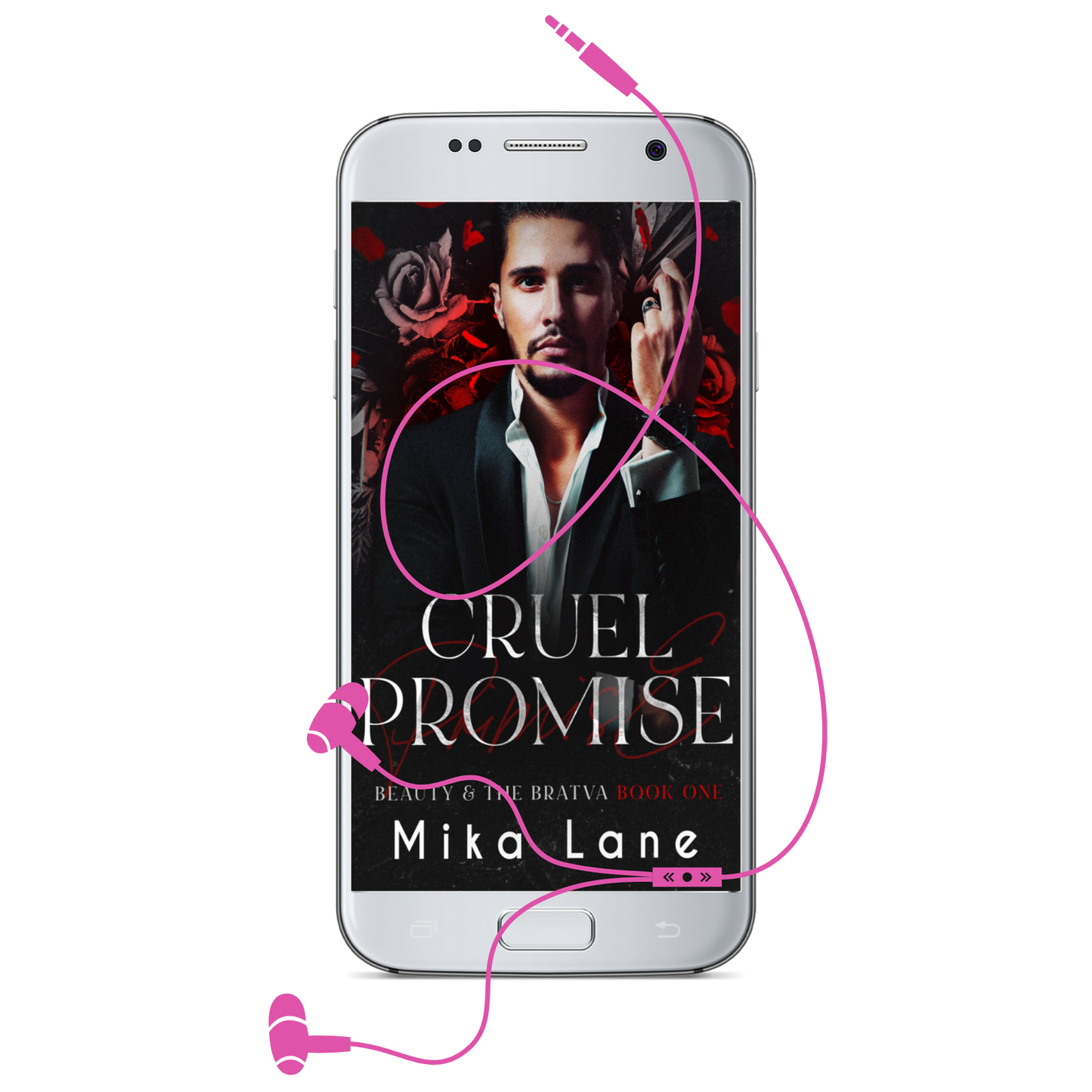 Phone displaying 'Cruel Promise' by Mika Lane with pink headphones on a white background