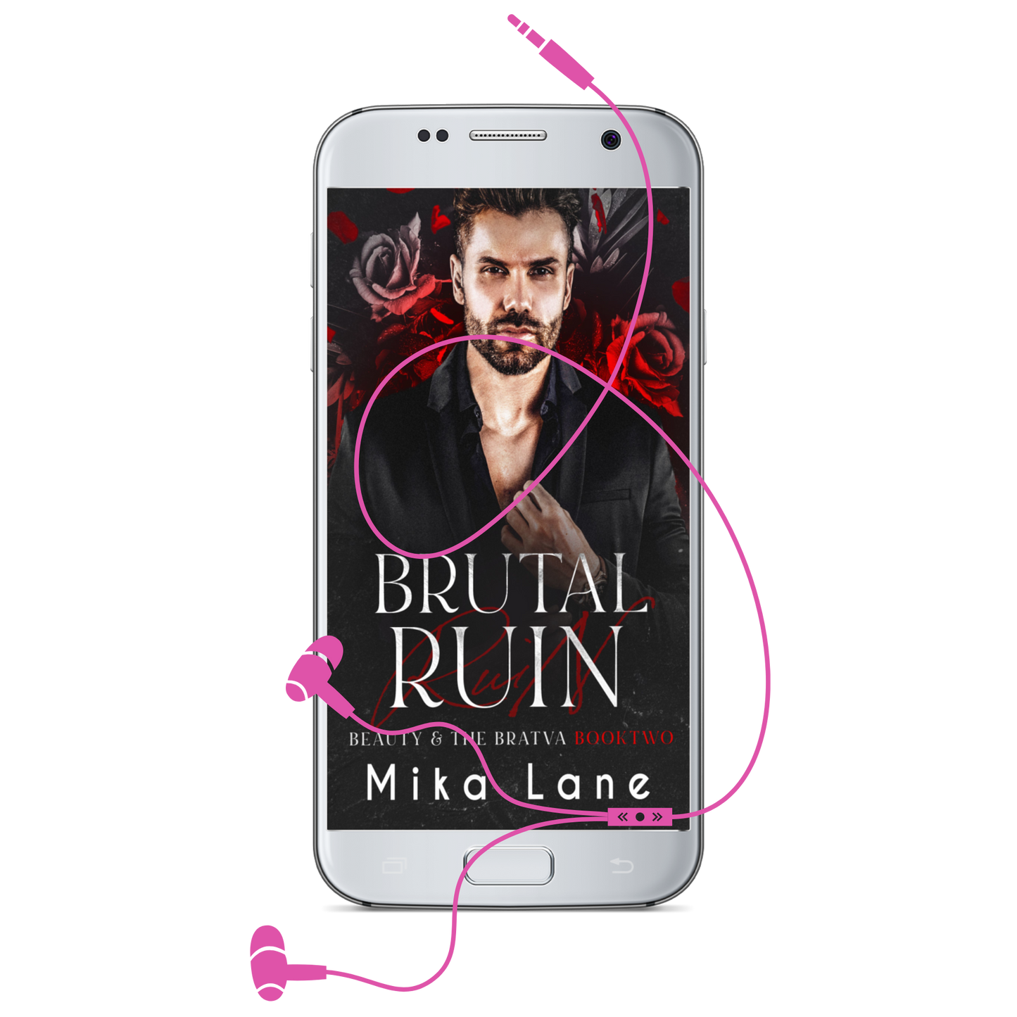 Phone displaying the cover of 'Brutal Ruin' by Mika Lane with pink headphones on a white background