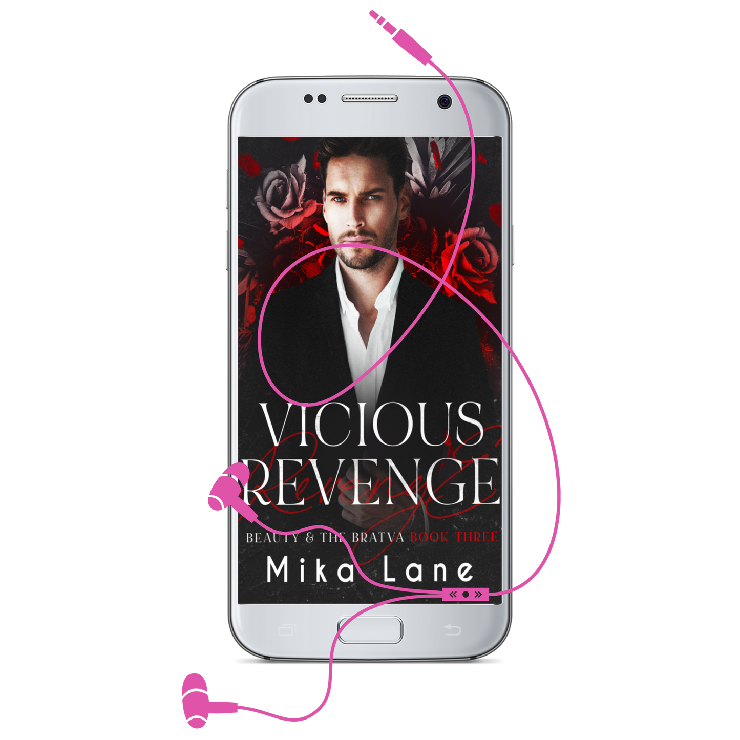 Phone displaying the book 'Vicious Revenge' by Mika Lane with pink headphones on a white background
