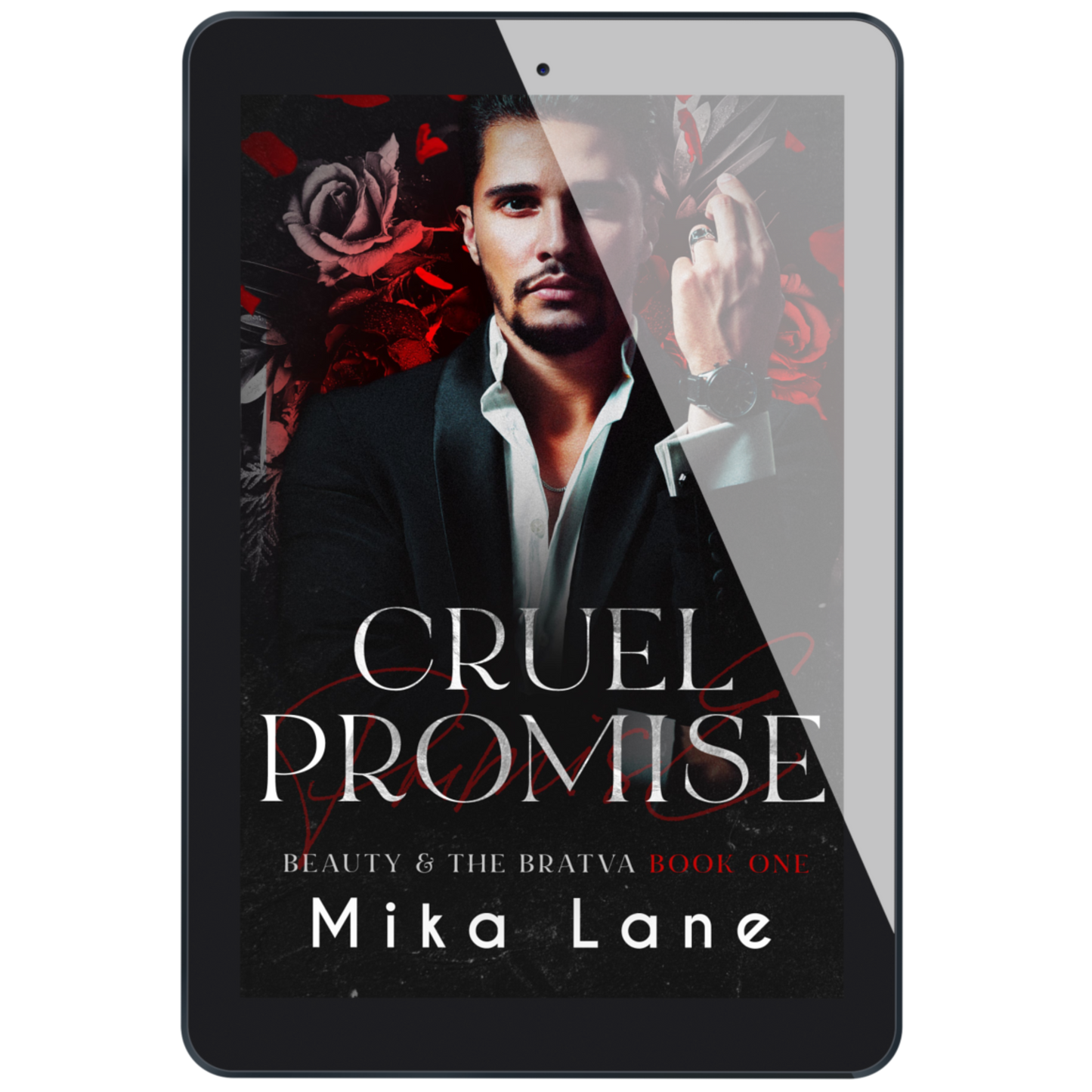 Ebook cover of 'Cruel Promise' by Mika Lane on a tablet screen.