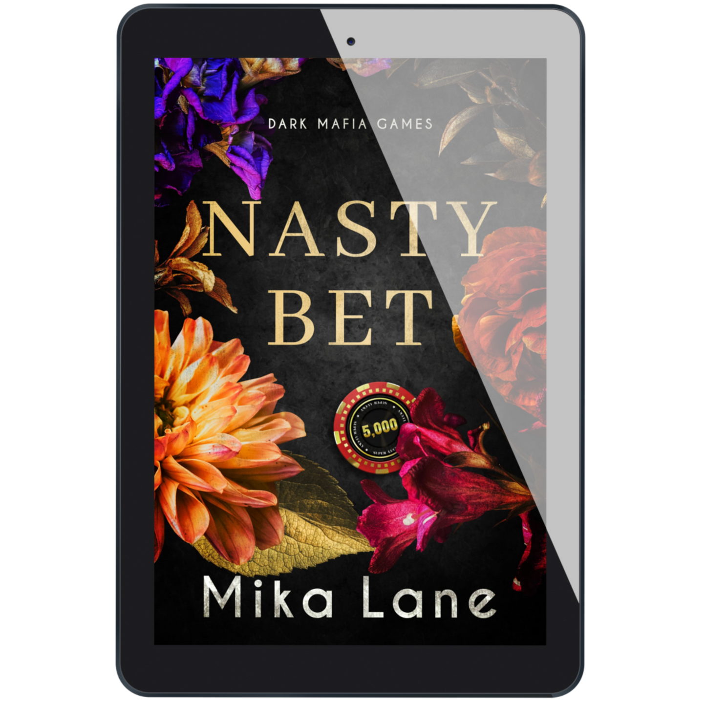E-reader displaying the cover of 'Nasty Bet' by Mika Lane with floral design and game-themed elements.