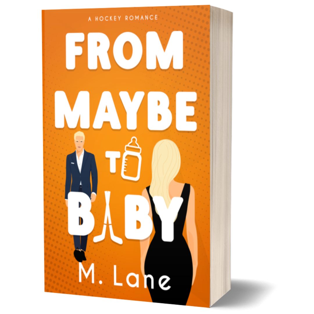 Book cover of 'From Maybe to Baby' with a man and woman silhouette and baby bottle icon on an orange background.