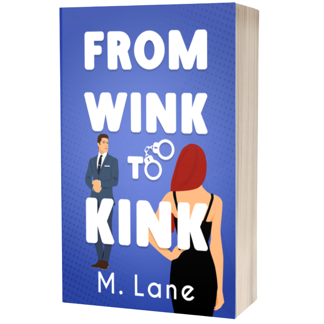 Book cover of 'From Wink to Kink' by M. Lane with a blue background and illustrations of a man and woman.