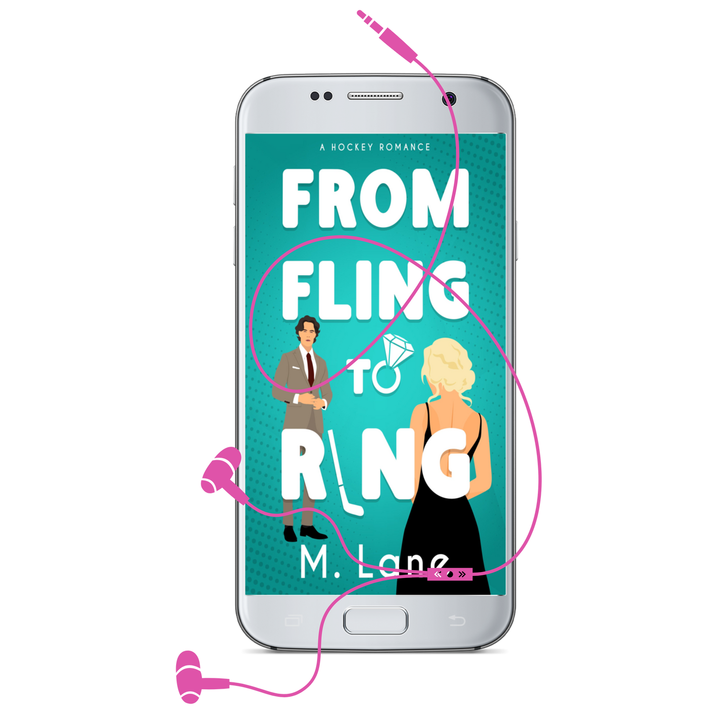 Phone with 'From Fling to Ring' book cover displayed on the screen