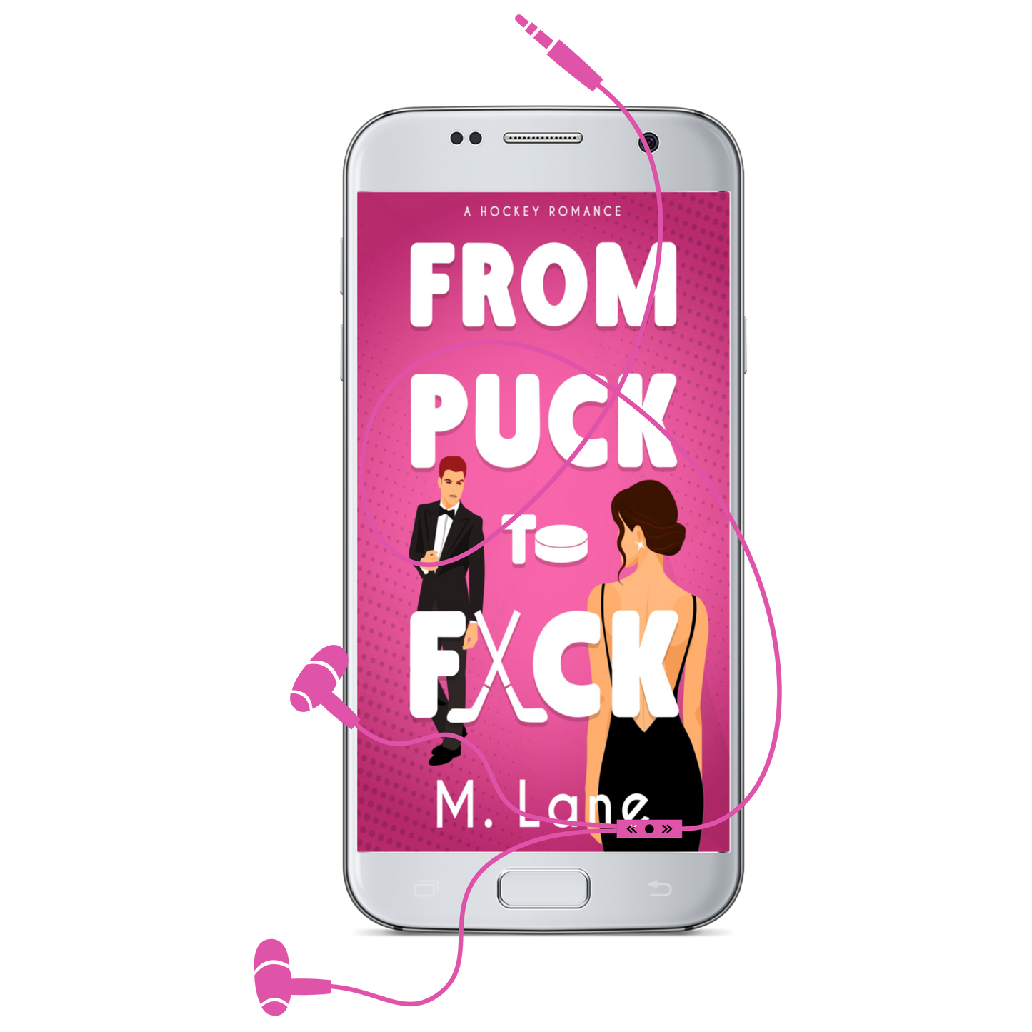 Phone with 'From Puck to F*ck' book cover displayed on a white background