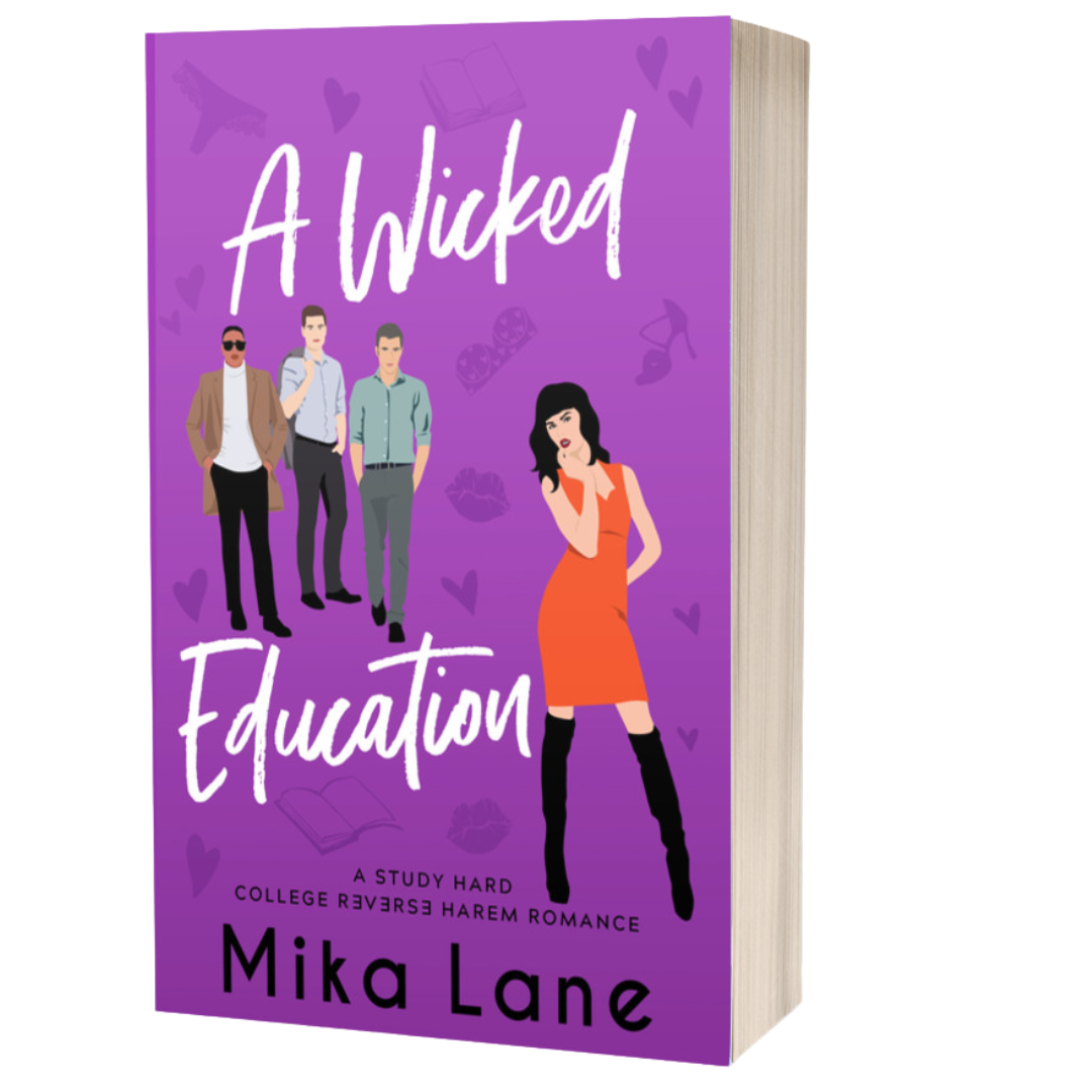 Book cover of 'A Wicked Education' by Mika Lane with illustrations of characters on a purple background.