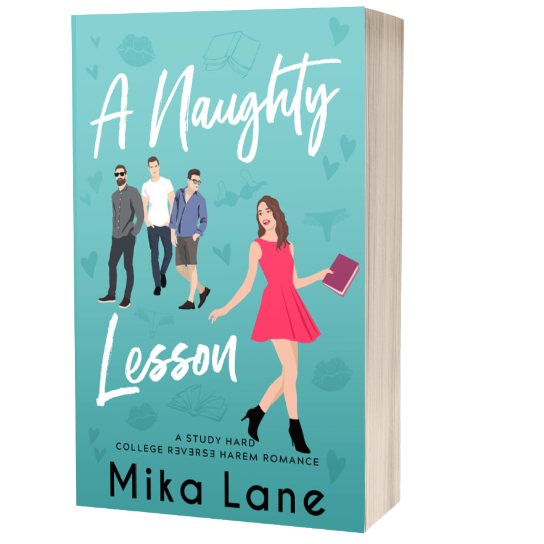 Book cover of 'A Naughty Lesson' by Mika Lane with illustrations of a woman and three men on a teal background.