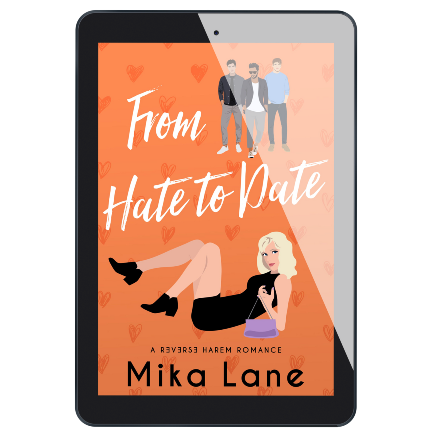 Ebook cover of 'From Hate to Date' by Mika Lane on a tablet screen.
