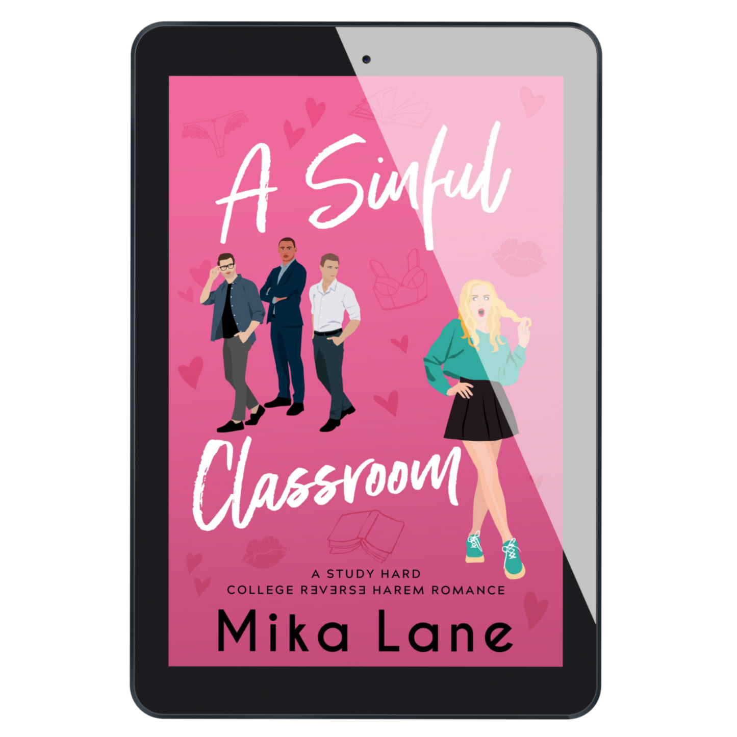 Ebook cover of 'A Sinful Classroom' by Mika Lane on a tablet screen with a pink background and character illustrations.