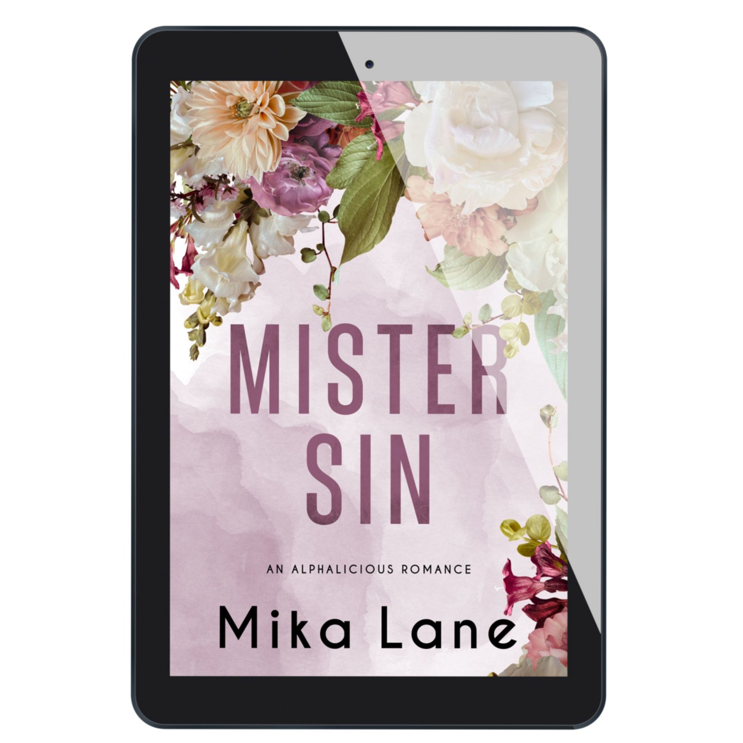 E-reader displaying the book cover of 'Mister Sin' by Mika Lane with floral design.