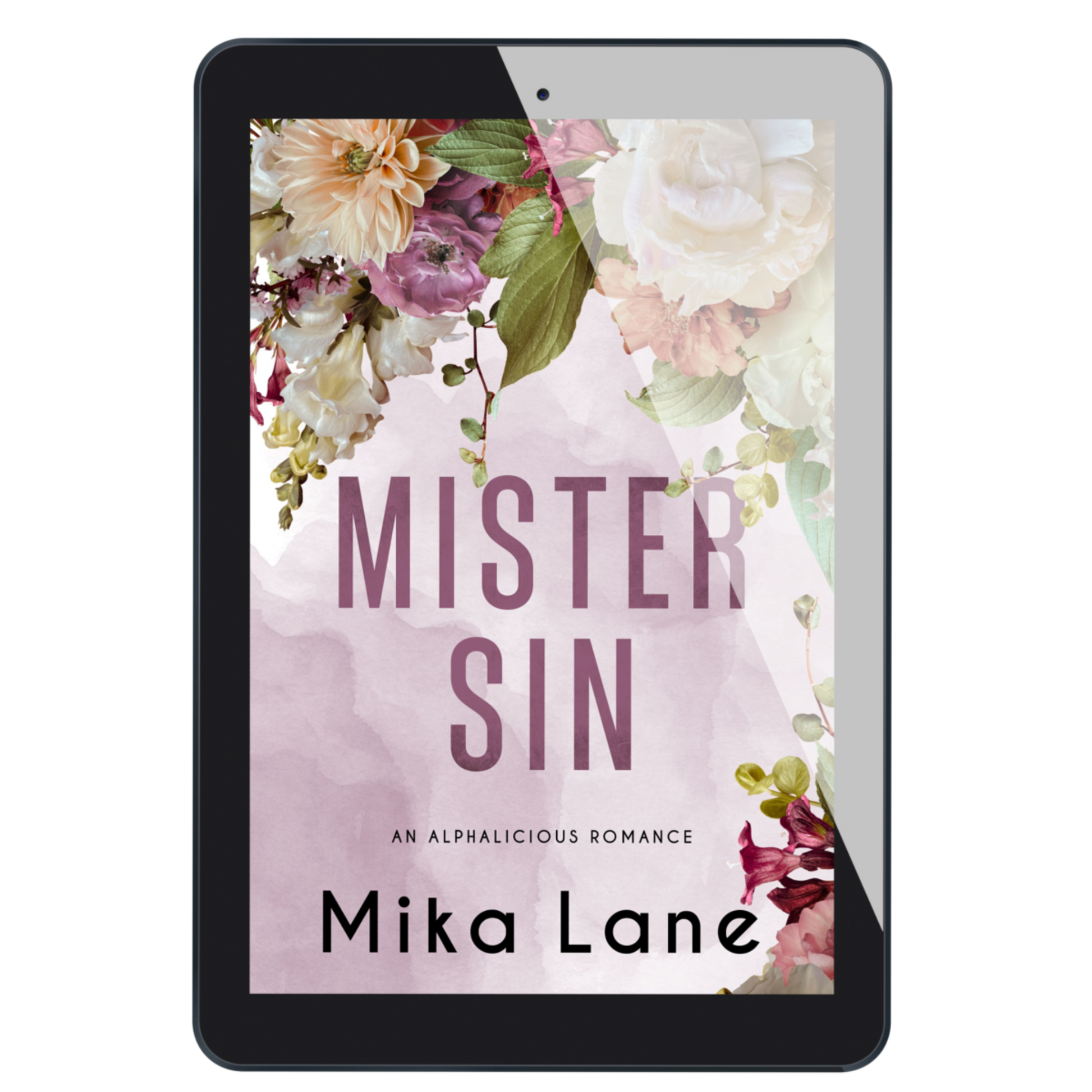 E-reader displaying the book cover of 'Mister Sin' by Mika Lane with floral design.