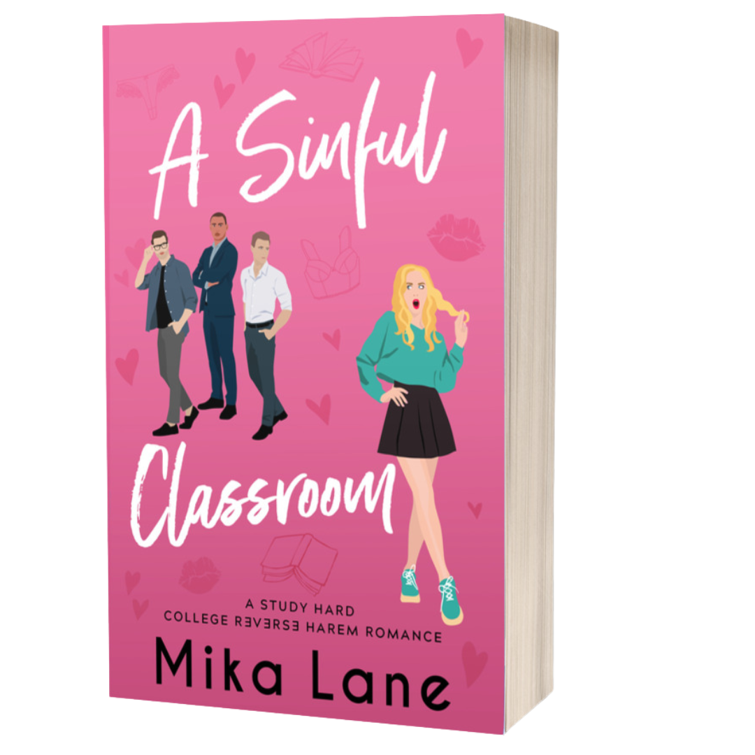 Book cover of 'A Sinful Classroom' by Mika Lane with illustrated characters on a pink background