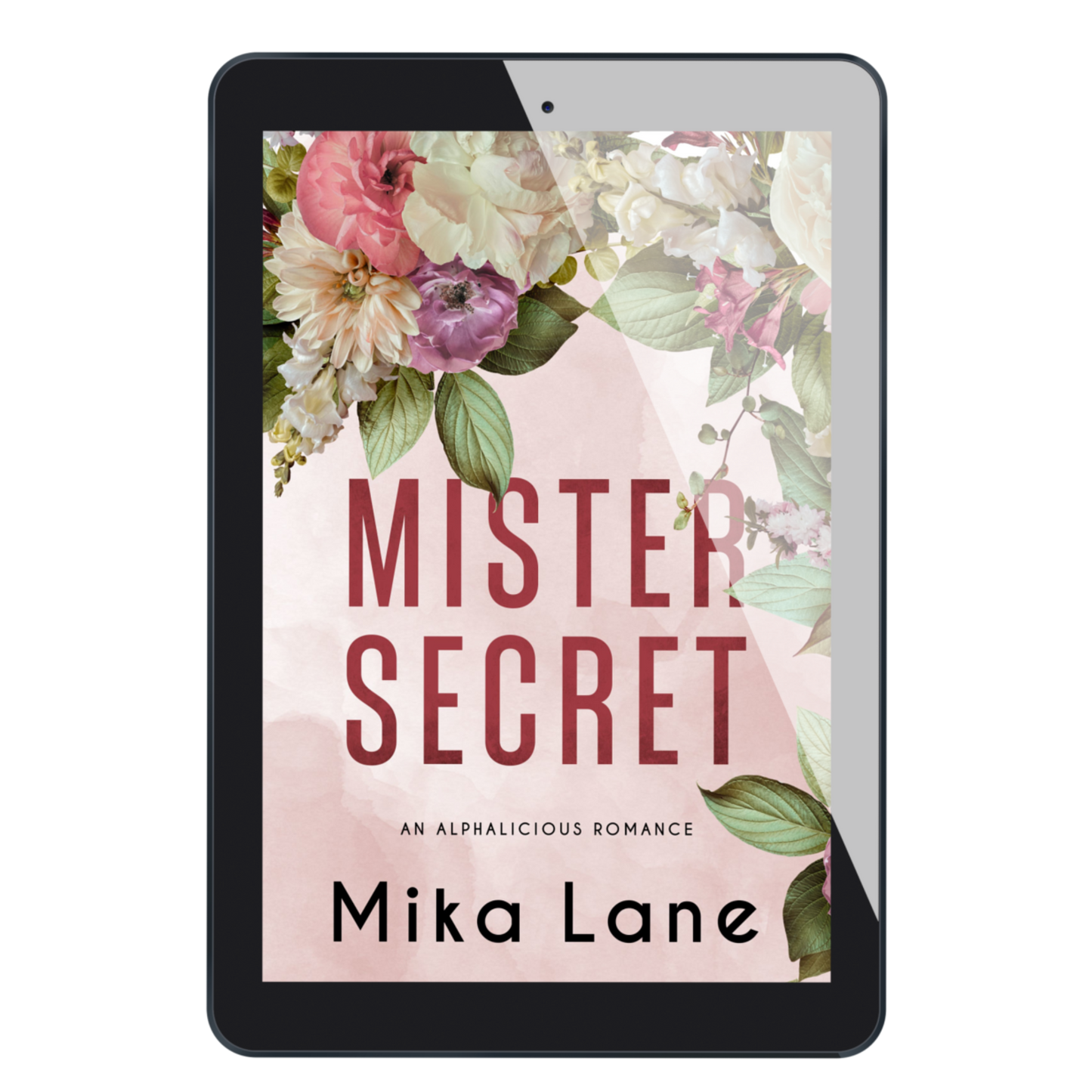 Ebook cover of 'Mister Secret' by Mika Lane on a tablet with floral design
