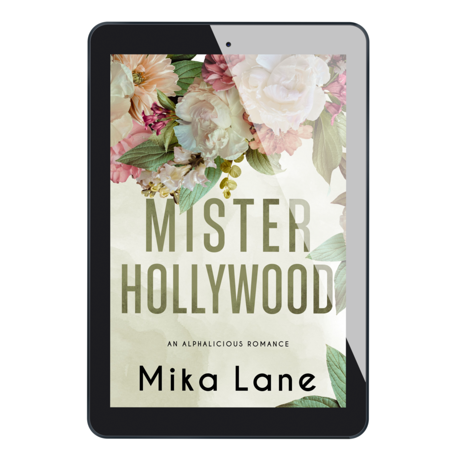 Digital book cover of 'Mister Hollywood' by Mika Lane on a tablet screen.