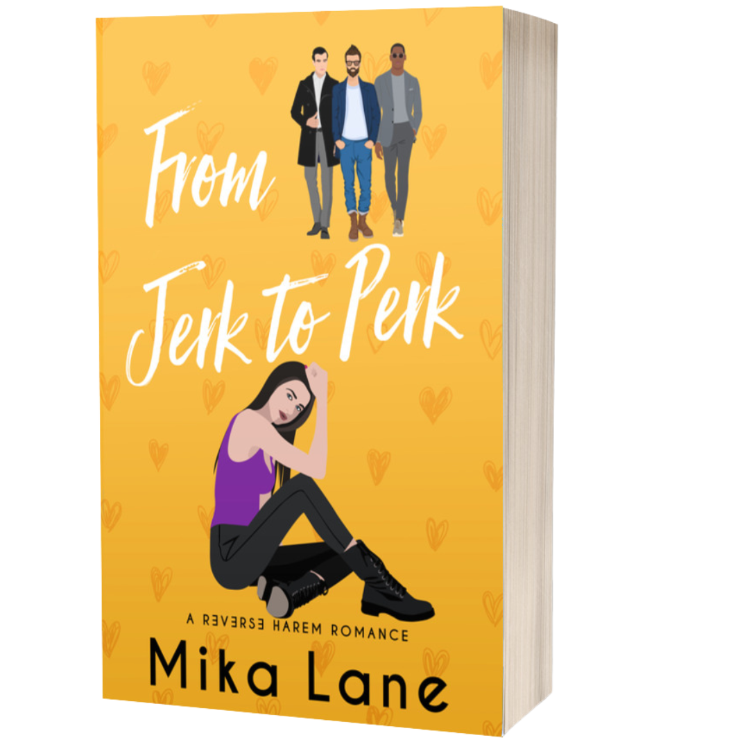 Book cover of 'From Jerk to Perk' by Mika Lane with a yellow background and illustration of three people and a woman.