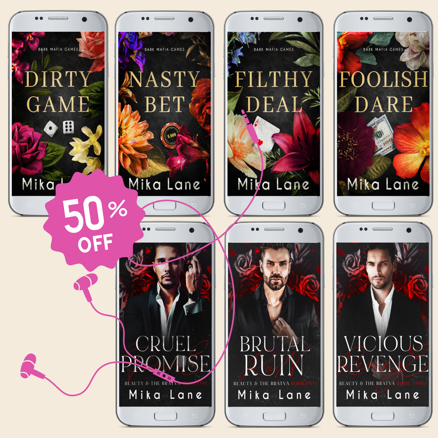 Promotional graphic for Mika Lane's book series with phone screens displaying book covers and a 50% off discount.