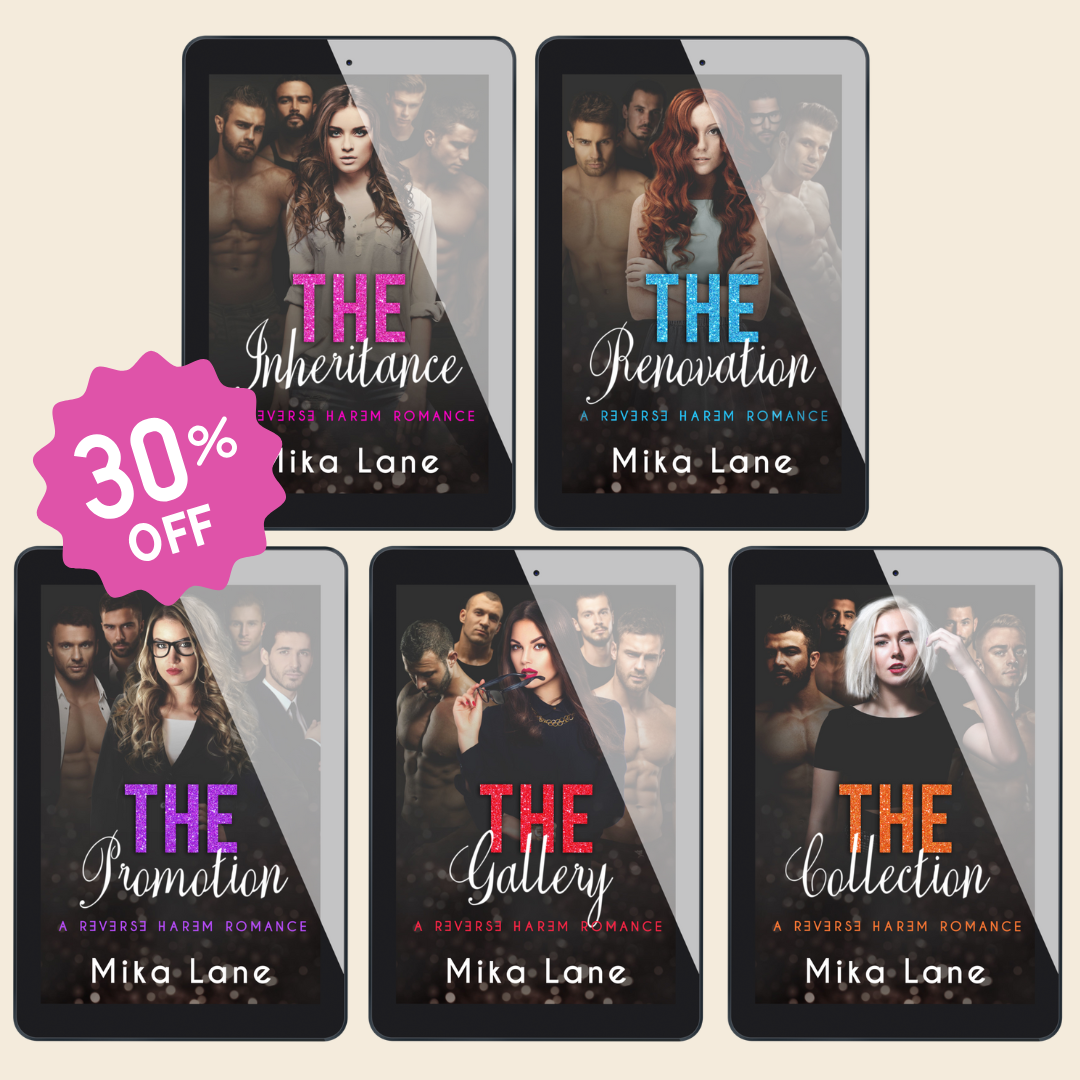 Collection of book covers by Mika Lane with promotional text on a beige background