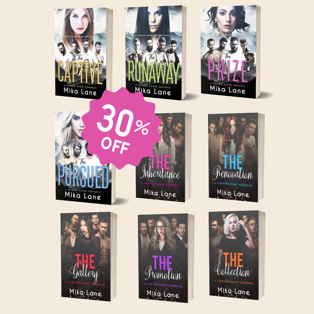 Collection of books by Mika Lane with promotional text on a beige background