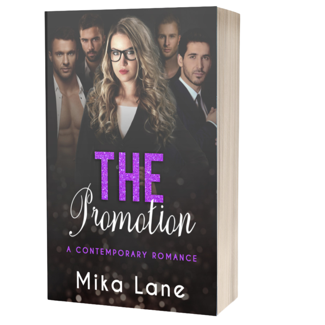 Book cover of 'The Promotion' by Mika Lane featuring a woman and men in professional attire.