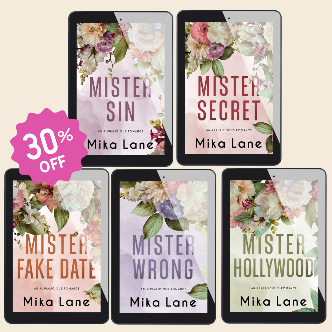 Set of book covers for Mika Lane's romantic novels with floral designs on a beige background.