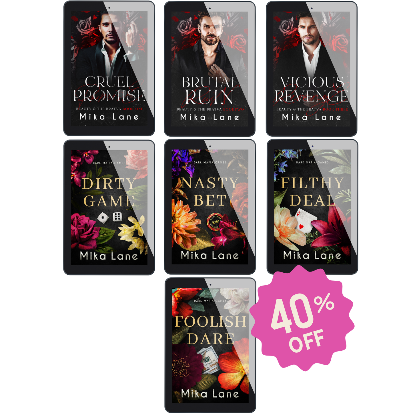 A collection of seven e-book covers for the Mafia Romance series by Mika Lane, displaying various designs with dark themes and floral motifs. A pink tag indicates a 40% discount.