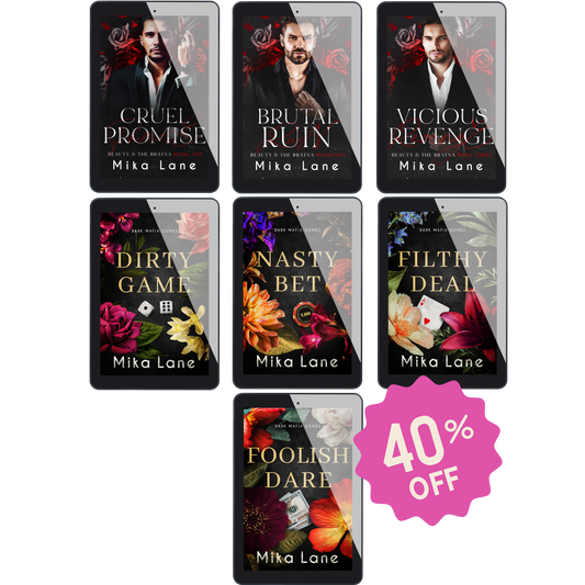A collection of seven e-book covers for the Mafia Romance series by Mika Lane, displaying various designs with dark themes and floral motifs. A pink tag indicates a 40% discount.