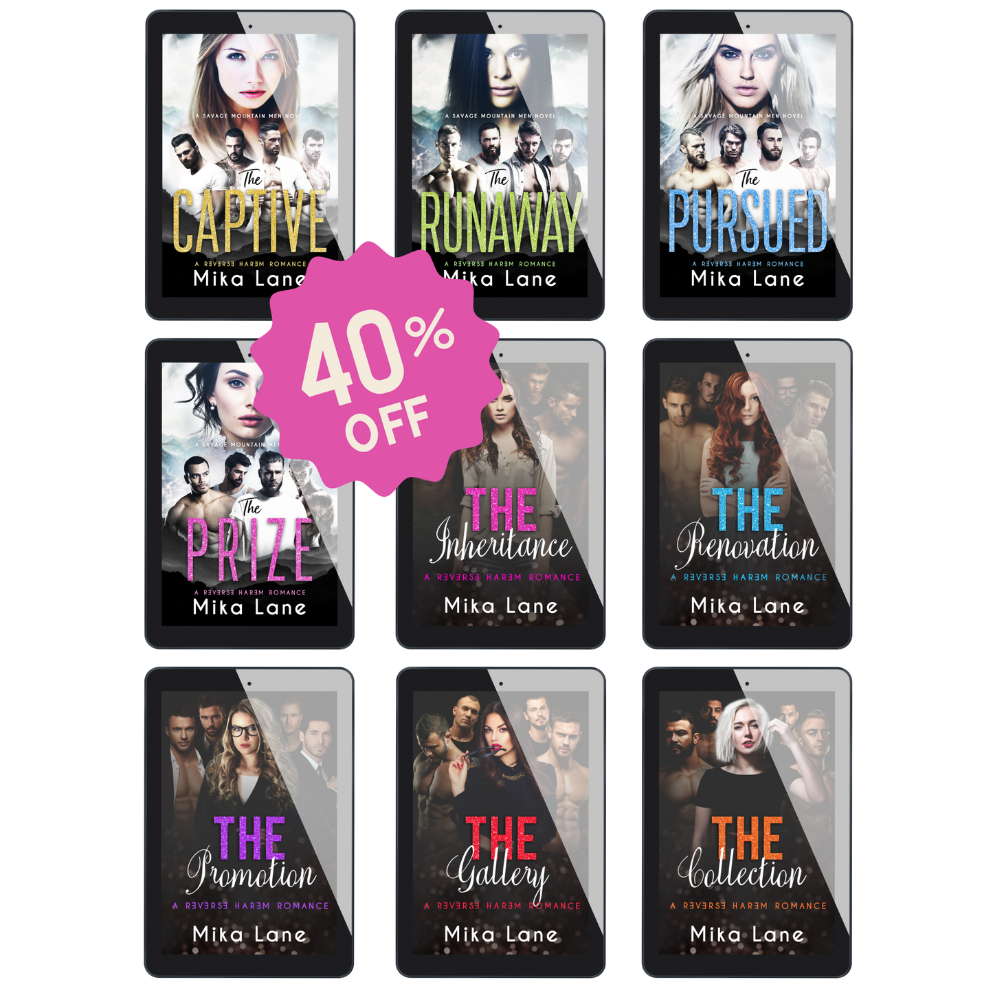 A collection of nine book covers featuring various characters, with a pink overlay indicating a 40% discount.