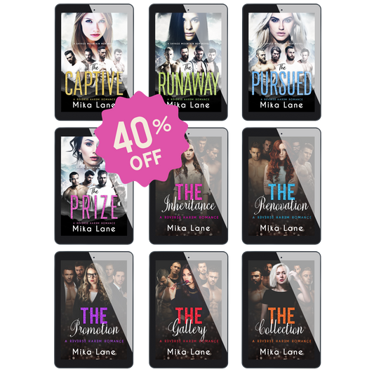 A collection of nine book covers featuring various characters, with a pink overlay indicating a 40% discount.
