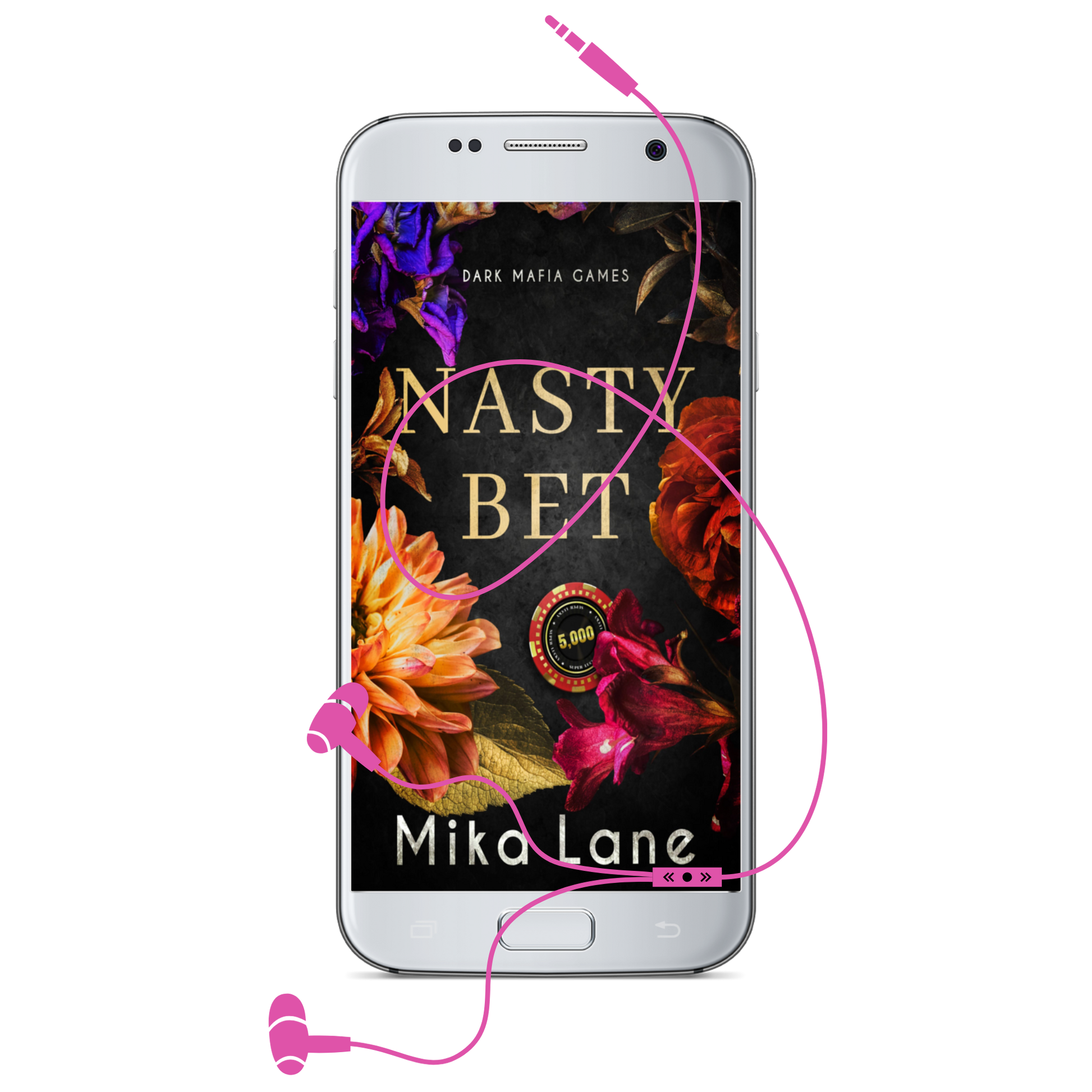 Phone displaying 'Nasty Bet' by Mika Lane with pink headphones on a white background
