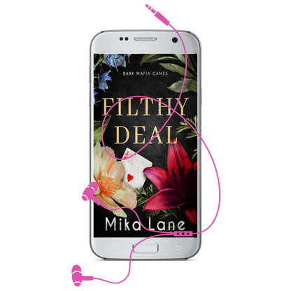 Phone displaying 'Filthy Deal' by Mika Lane with pink headphones on a white background