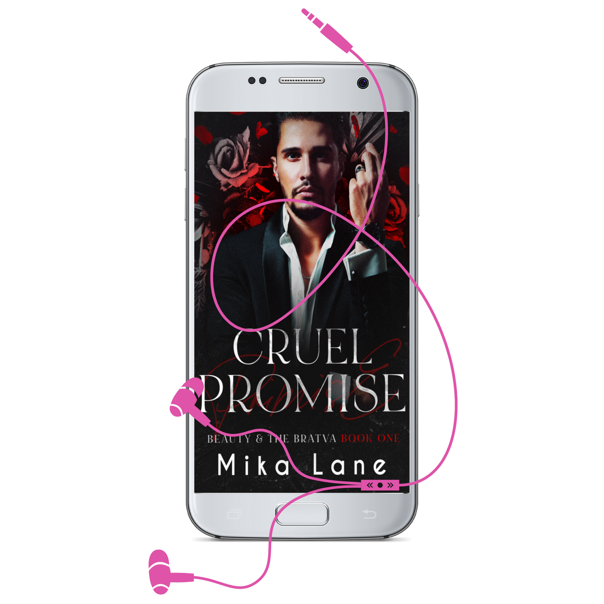 Phone displaying 'Cruel Promise' by Mika Lane with pink headphones on a white background