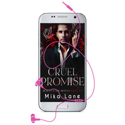 Phone displaying 'Cruel Promise' by Mika Lane with pink headphones on a white background
