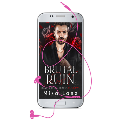 Phone displaying the cover of 'Brutal Ruin' by Mika Lane with pink headphones on a white background