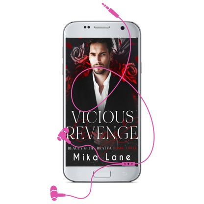 Phone displaying the book 'Vicious Revenge' by Mika Lane with pink headphones on a white background
