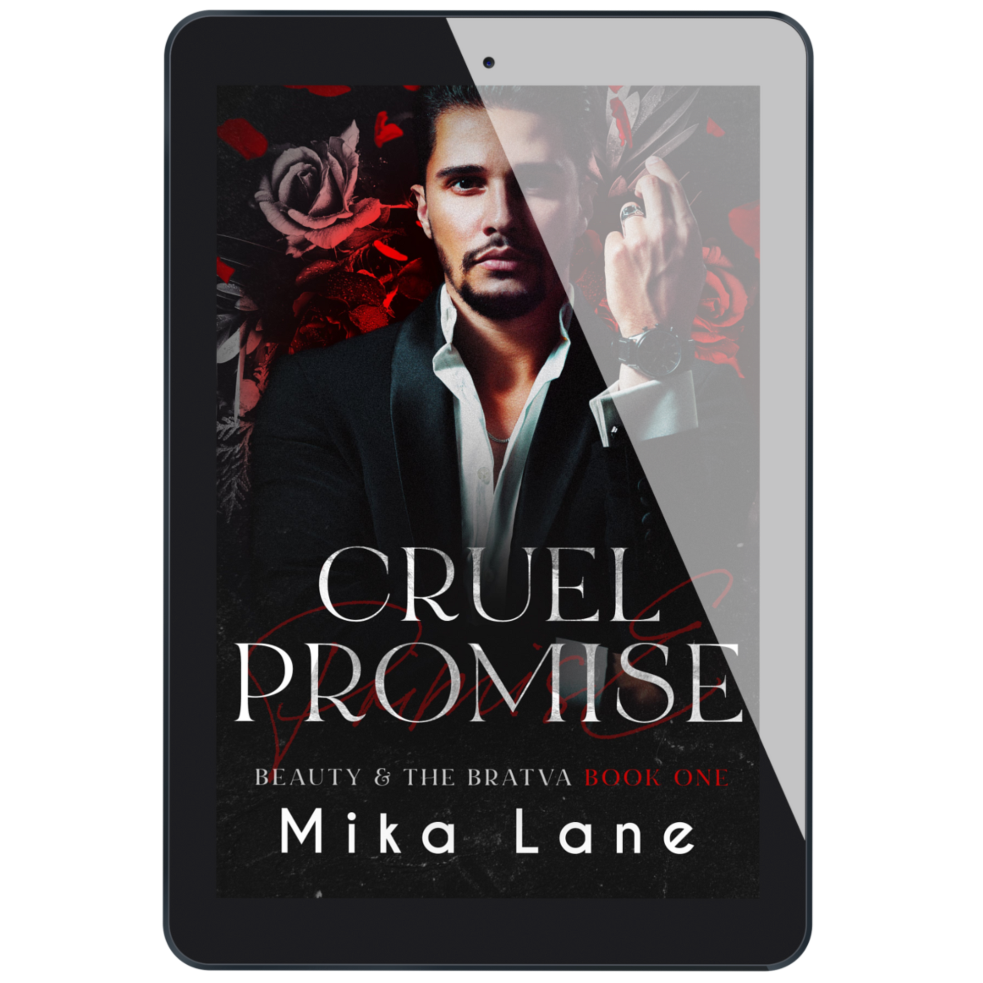 Ebook cover of 'Cruel Promise' by Mika Lane on a tablet screen.
