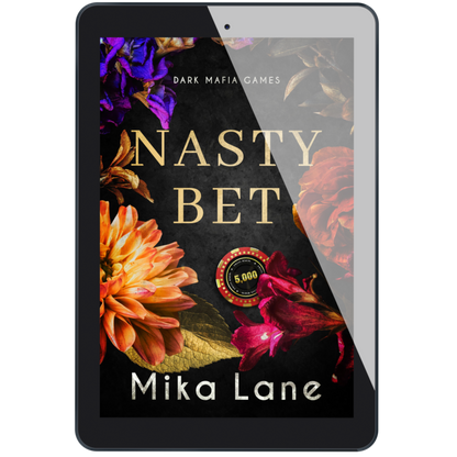 E-reader displaying the cover of 'Nasty Bet' by Mika Lane with floral design and game-themed elements.