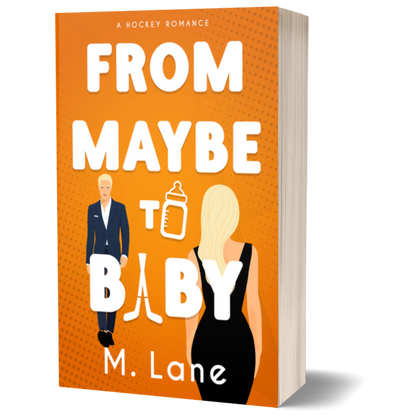 Book cover of 'From Maybe to Baby' with a man and woman silhouette and baby bottle icon on an orange background.