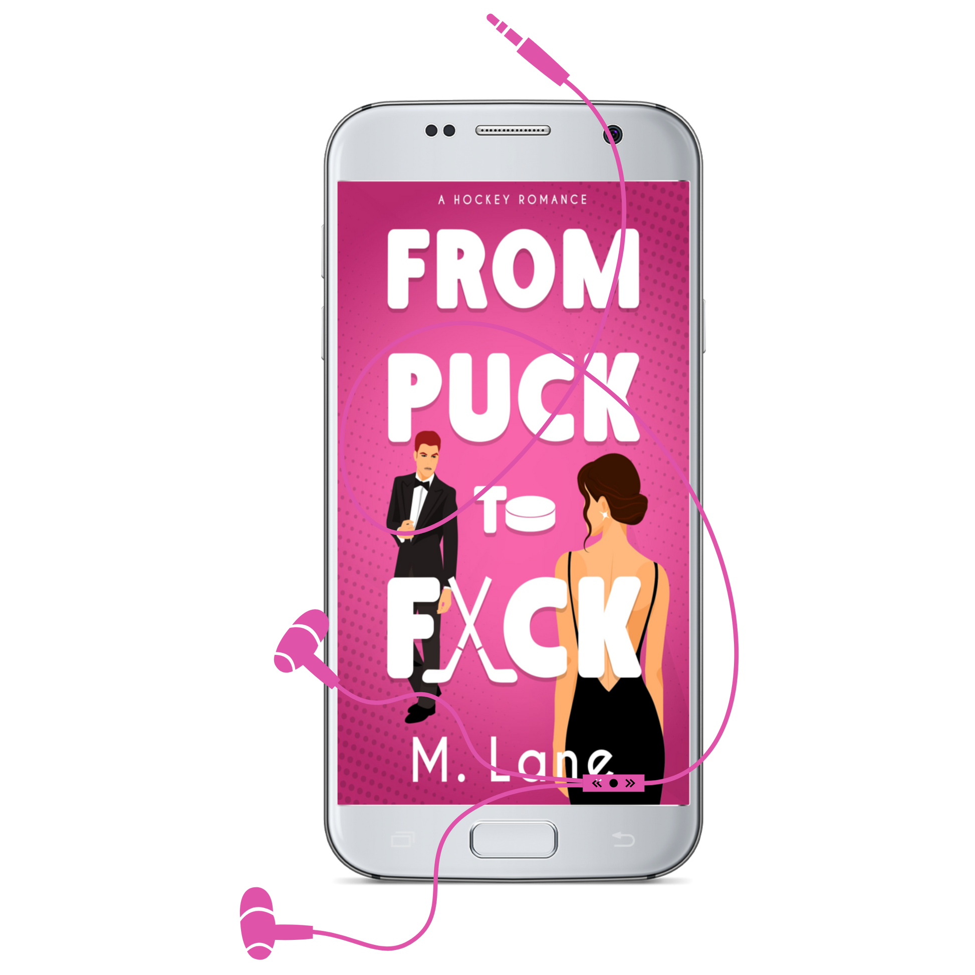Phone with 'From Puck to F*ck' book cover displayed on a white background