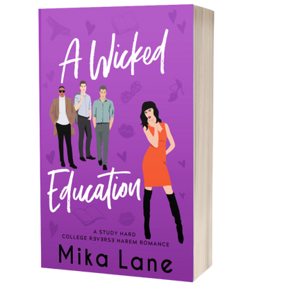 Book cover of 'A Wicked Education' by Mika Lane with illustrations of characters on a purple background.
