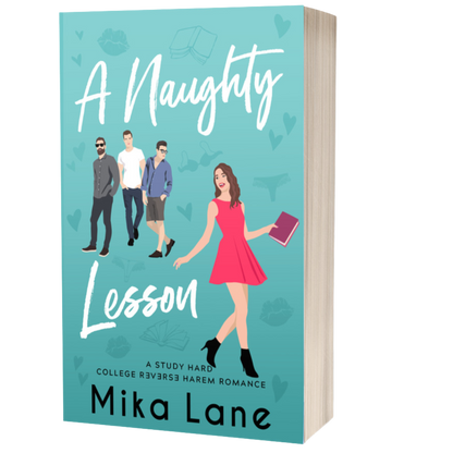Book cover of 'A Naughty Lesson' by Mika Lane with illustrations of a woman and three men on a teal background.