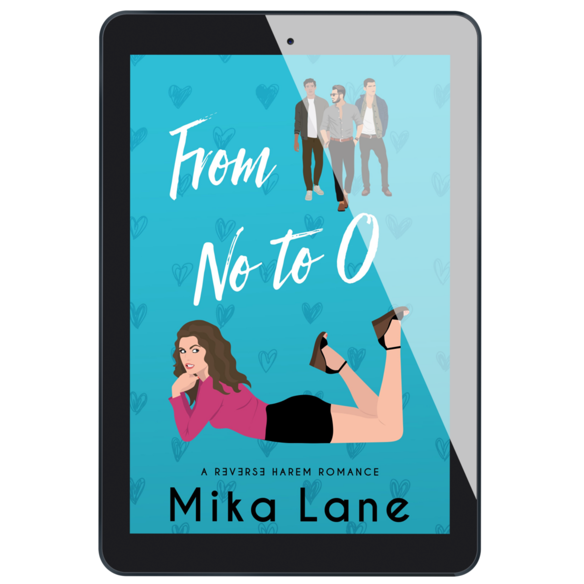 E-reader displaying the book cover of 'From No to O' by Mika Lane with illustrations of a woman and three men.
