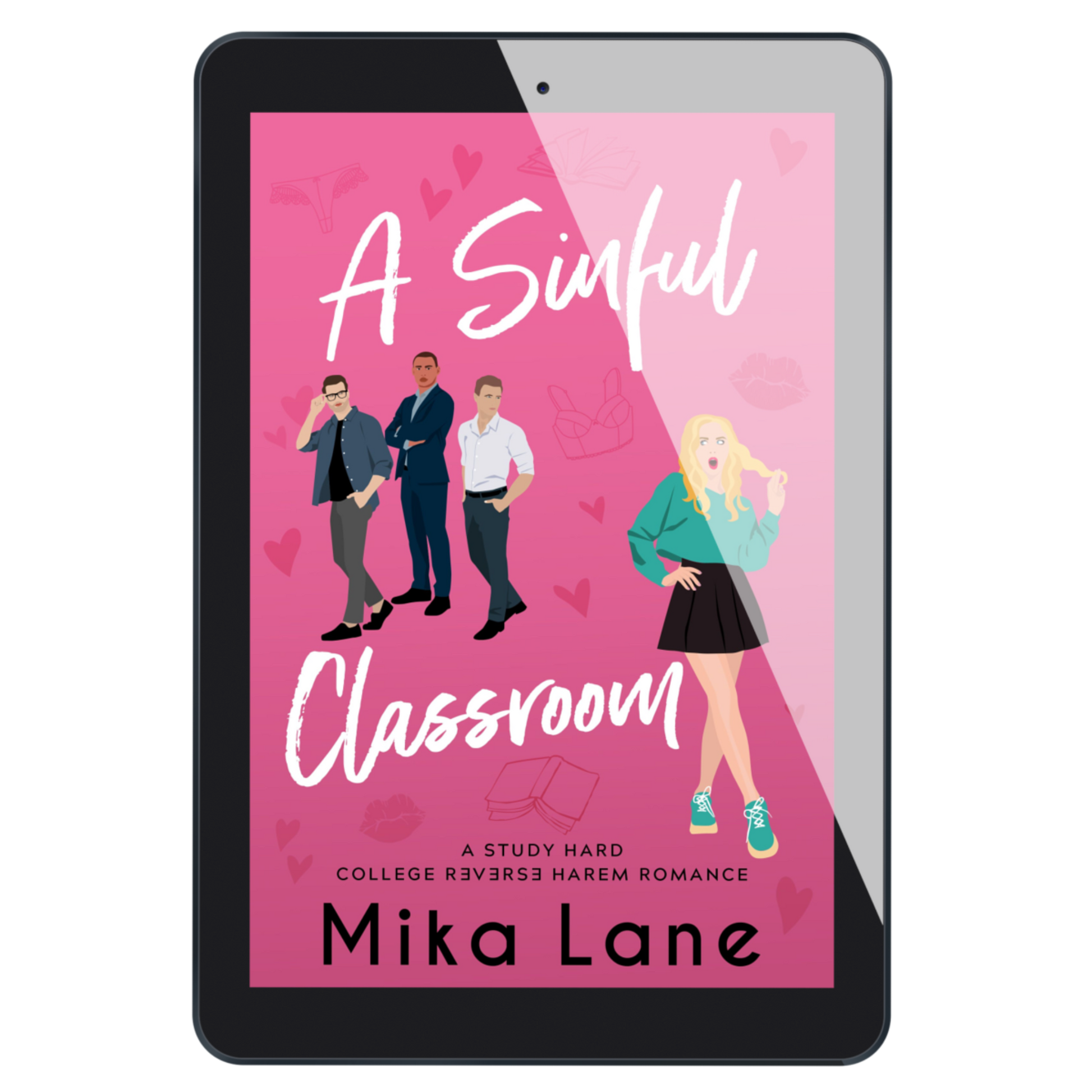Ebook cover of 'A Sinful Classroom' by Mika Lane on a tablet screen with a pink background and character illustrations.