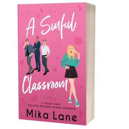 Book cover of 'A Sinful Classroom' by Mika Lane with illustrated characters on a pink background