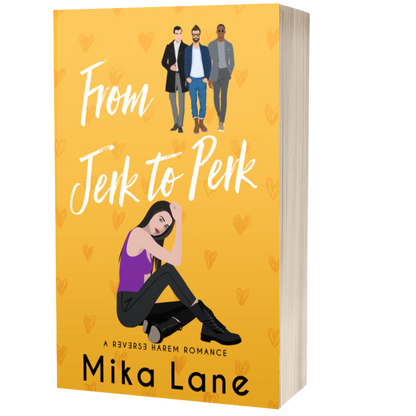 Book cover of 'From Jerk to Perk' by Mika Lane with a yellow background and illustration of three people and a woman.