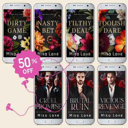 Promotional graphic for Mika Lane's book series with phone screens displaying book covers and a 50% off discount.