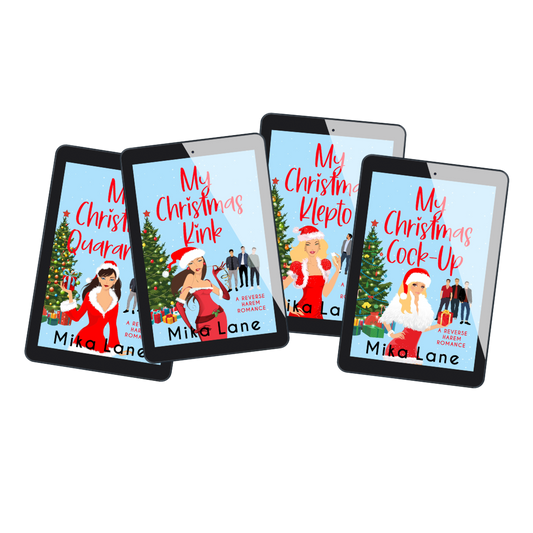 Four digital book covers for Christmas-themed romance novels displayed on tablet screens against a plain white background. The titles include 'My Christmas Quarantine', 'My Christmas Repto', 'My Christmas Cock-Up', and 'My Christmas Repto' by Mika Lane.