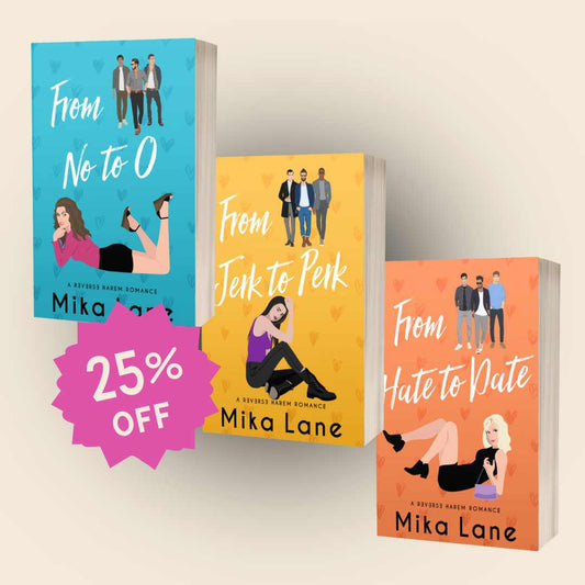 Three books by Mika Lane with promotional text on a light background