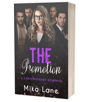 Book cover of 'The Promotion' by Mika Lane featuring a woman and men in professional attire.